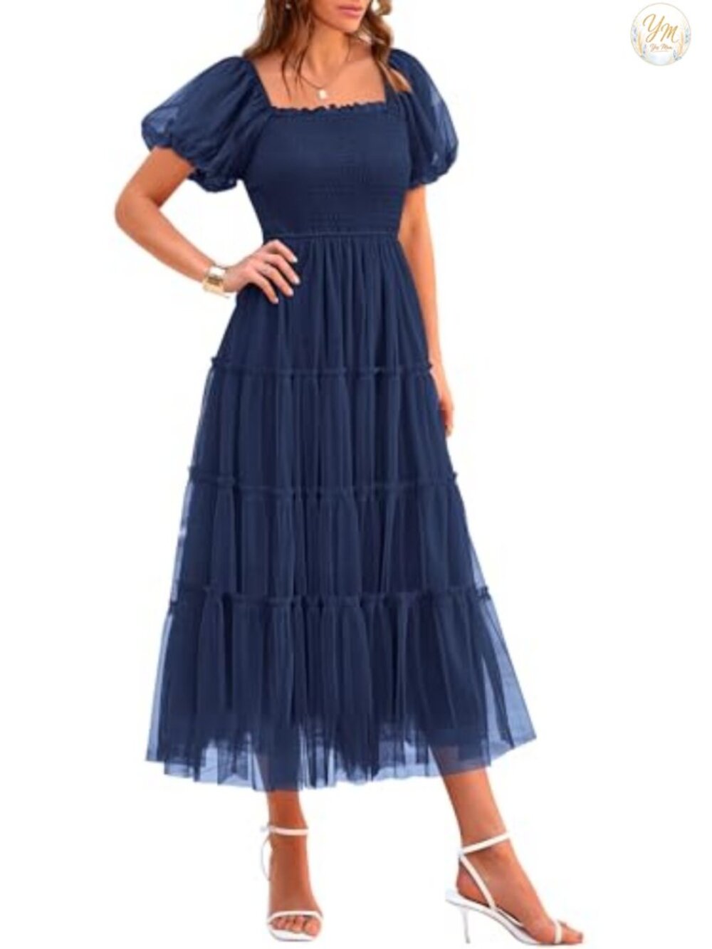 PRETTYGARDEN Women's Smocked Midi Tulle Dress, Short Sleeve Puff Tiered Fit &